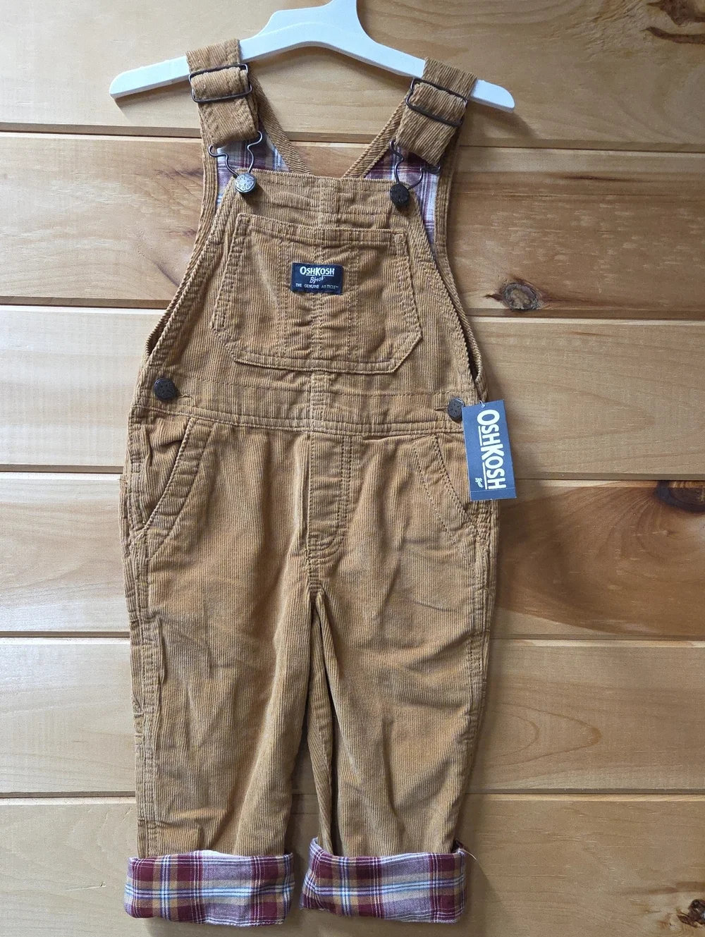 OshKosh B'gosh Mustard Corduroy Overalls with Plaid Cuffs
